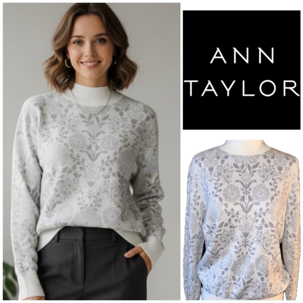 NWT Ann Taylor White Silver Floral Shimmer Sweater Size M
